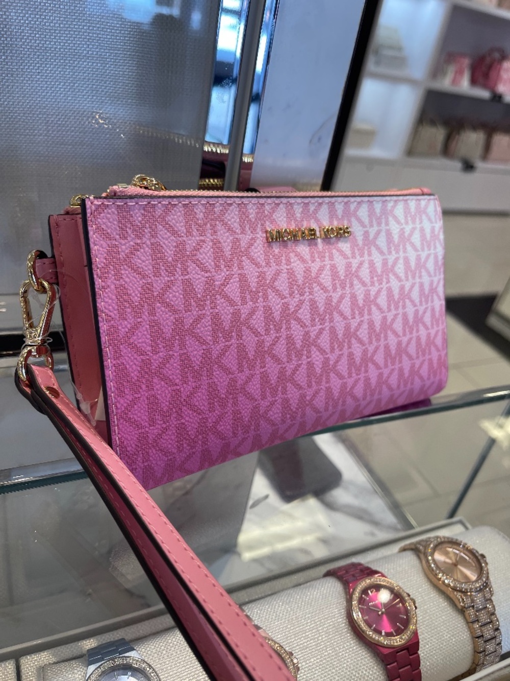 MICHAEL KORS Jet Set Large Double Zip Ombré Signature Logo Wristlet Phone Holder